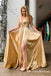 Halter Lace-Up Mesh Gold Long Cheap Prom Dresses with Slit, QB0764