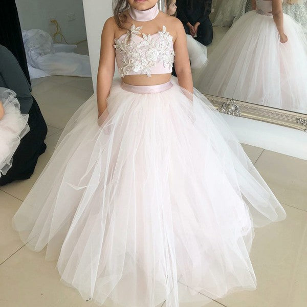 Two Piece Ball Gown Halter Blush Pink Flower Girl Dresses with Appliques, QB0228
