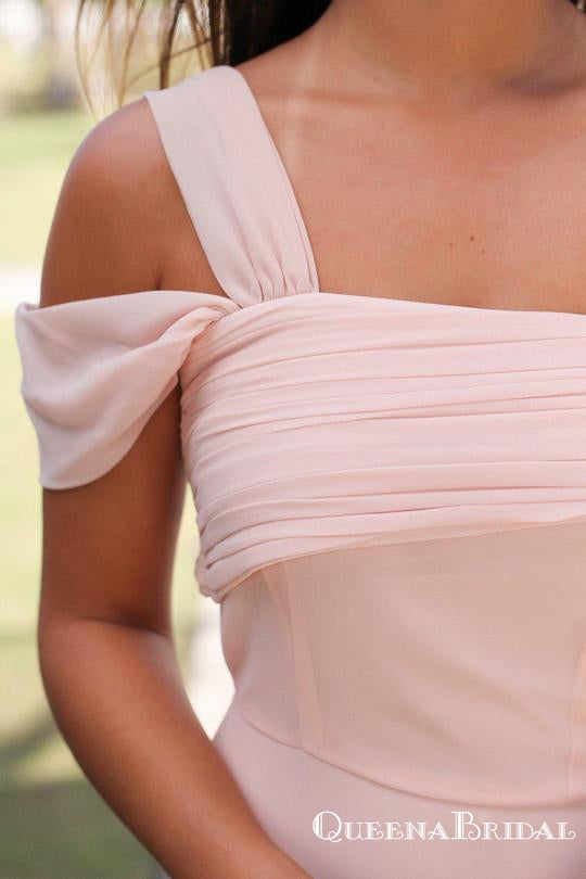 Pink Off Shoulder Sleeveless A Line Ruffles Chiffon Bridesmaid Dresses, QB0850