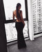 Sexy Mermaid Square Neck Backless Black Elastic Satin Long Prom Dresses, QB0567