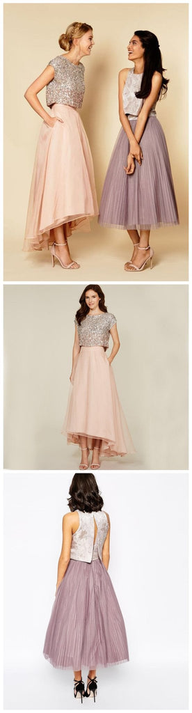 Pretty Two Pieces Cap Sleeve Sequin Top Organza Long Bridesmaid Dresses Online, WG38