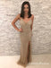Champagne V Neck Sleeveless Beaded Long Prom Dresses With Side Slit, QB0655