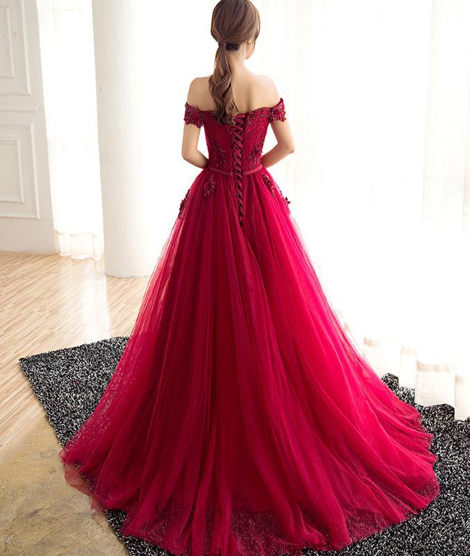 Charming Off Shoulder Red Lace Beaded A-line Long Evening Prom Dresses, QB0368