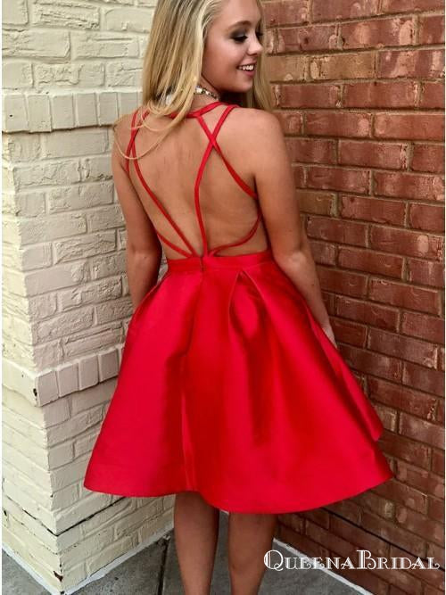 Simple A-Line V-Neck Criss-Cross Straps Red Satin Sleeveless Short Cheap Homecoming Dresses, QB0906