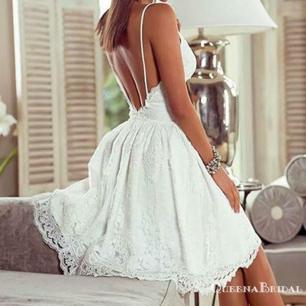 Sexy Spaghetti Strap Backless White Homecoming Dresses with Appliques, QB0060