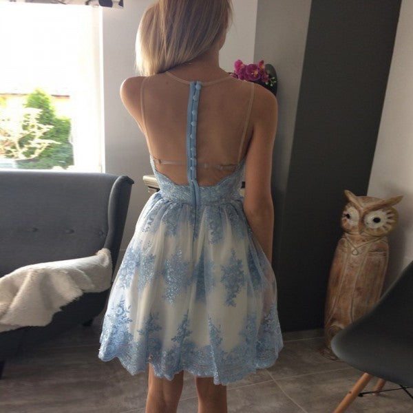 Pretty Jewel Illusion Back Blue Lace Appliques White Homecoming Dresses, QB0176