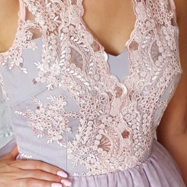 Pretty V-Neck Short Cheap Lavender Homecoming Dresses with Lace Applique, QB0196