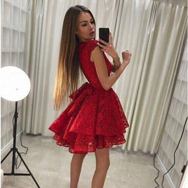 Red Cap Sleeve Lace Cheap Short Homecoming Dresses with Bow Knot, QB0211