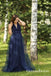 Simple Navy Blue V Neck Sleeveless Long Cheap Prom Dresses, QB0751