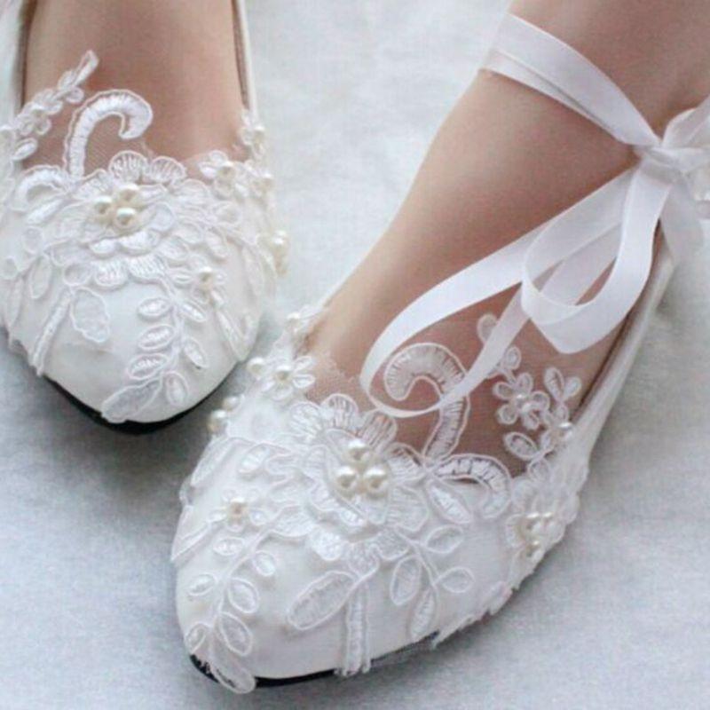 Lace Pearls Pointed Toes Women Wedding Shoes With Ribbons Lace Up, S018