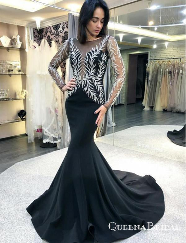 Jewel Black Long Sleeves Appliques Mermaid Evening Gowns Prom Dresses, QB0778