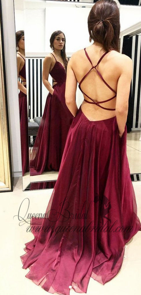 Sexy Backless V Neck Maroon Long Evening Prom Dresses, QB0414