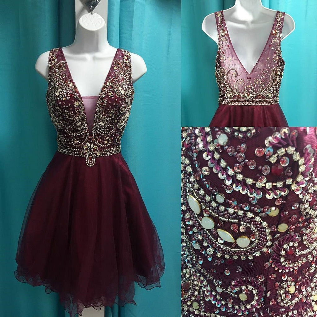 See Through V Neck Cute Beaded Maroon Homecoming Dresses 2018, CM499
