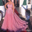 See Through Dusty Pink Lace A-line Long Evening Prom Dresses, QB0377