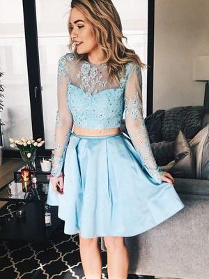 Two Pieces Long Sleeves See Through Cheap Homecoming Dresses Online, CM588