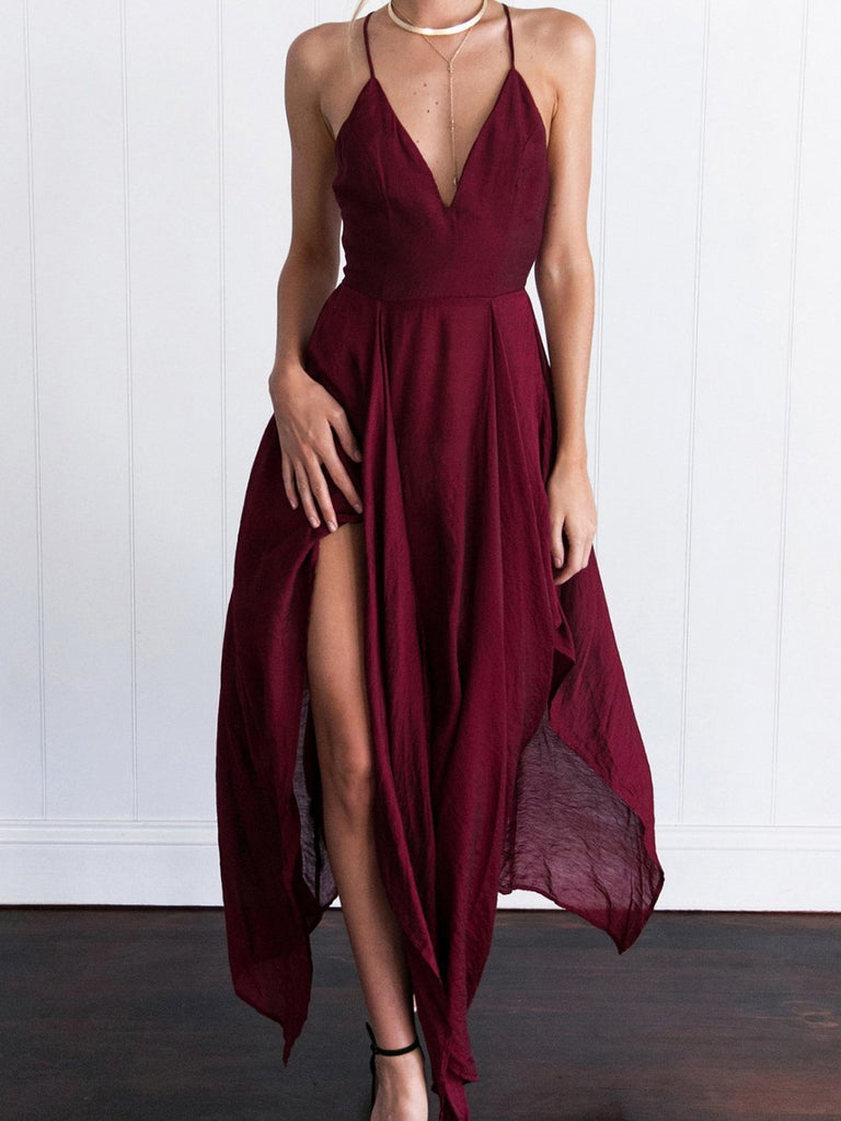 Simple Dark Red High How Side Slit Cheap Homecoming Dresses 2018, CM512