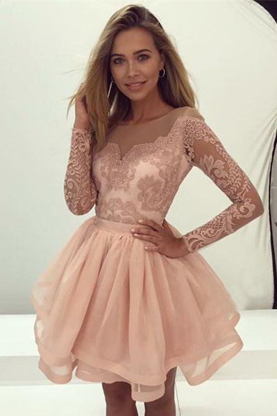 Lace Long Sleeves Illusion Short Cheap Homecoming Dresses 2018, CM545