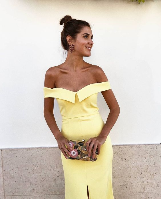 Sexy Off-Shoulder Yellow Satin Long Prom Dresses with Split, cheap Prom Dresses Online, QB0002