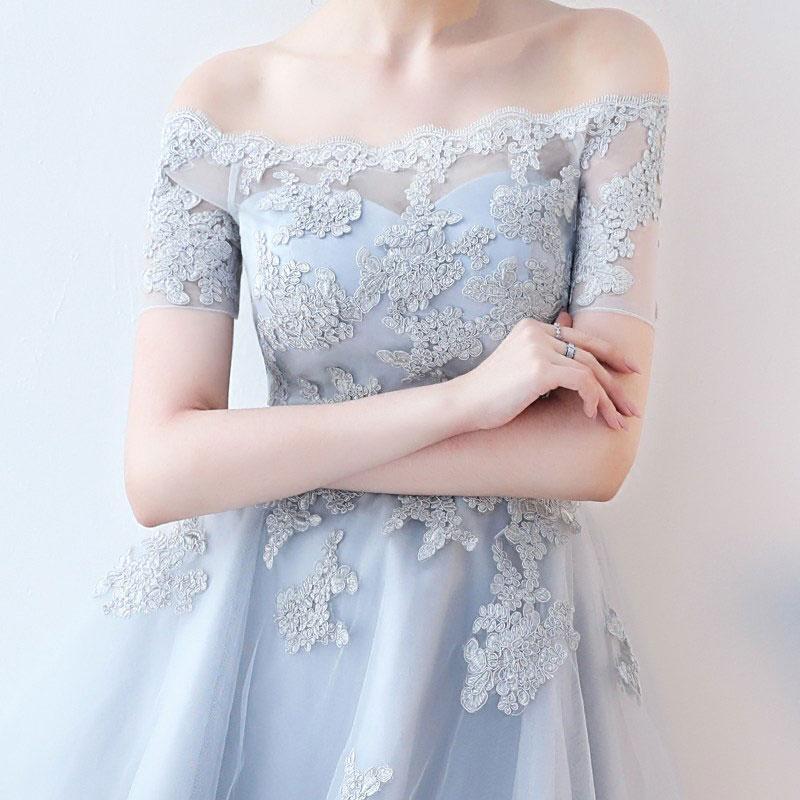 Short Sleeve Off Shoulder High How Dusty Blue Cheap Homecoming Dresses 2018, CM513