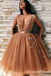 Chic V-Neck Sleeveless Brown Tulle Short Homecoming Dresses With Applique, QB0836