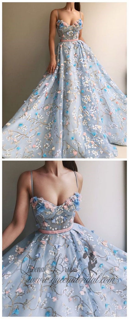 Spaghetti Strap 3D Flower Applique Ball Gowns Sky Blue Prom Dresses, QB0257