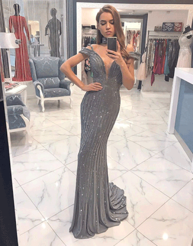 2019 Sparkly Grey Beaded Long Cheap Prom Dresses, QB0476