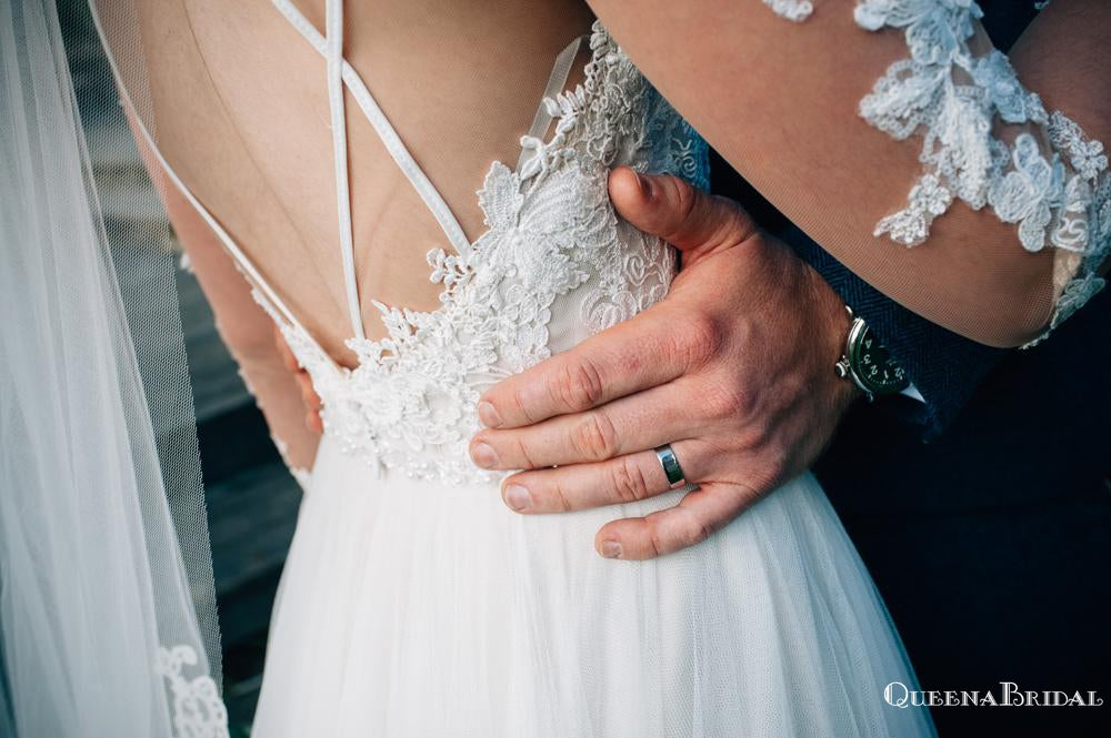 Popular V-neck Long Sleeve Top Lace Tulle Long Cheap Wedding Dresses, QB0860