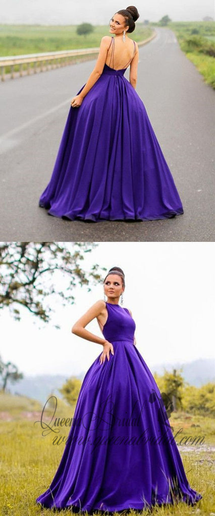 Elegant Purple round neck Long Backless Cheap Prom Dresses, QB0473