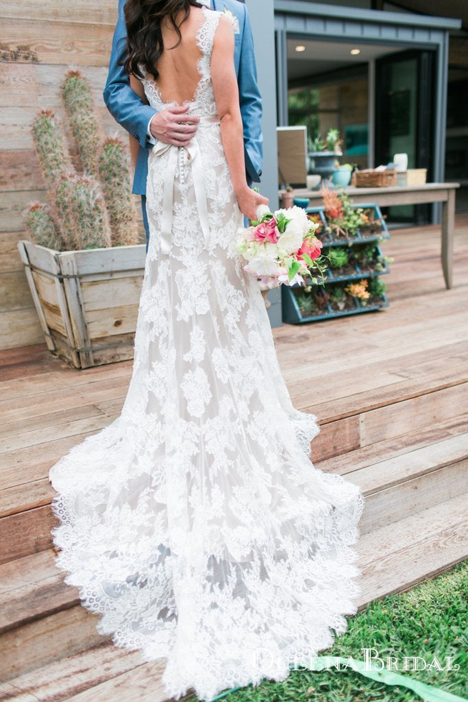Elegant Sheath V Neck Backless White Lace Wedding Dresses with Train, QB0815