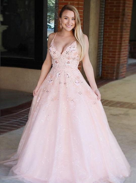 Pink Spaghetti Strap V-neck Tulle Long Prom Dresses With Beaded & Applique, QB0465