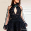 Gorgeus Halter Open Chest Long Sleeves Black Tulle A-line Long Cheap Evening Party Prom Dresses, PDS0017