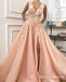 Unique A-Line V Neck Orange Satin Long with Floral Appliques Prom Dresses, QB0561