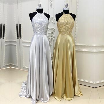 Sparkly Crystal Beaded Halter Long Satin Open Back Prom Dresses, QB0782