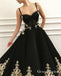 Gogerous Spaghetti Strap Black Tulle Gold Lace Applique A-line Long Cheap Formal Evening Prom Dresses, QB0967