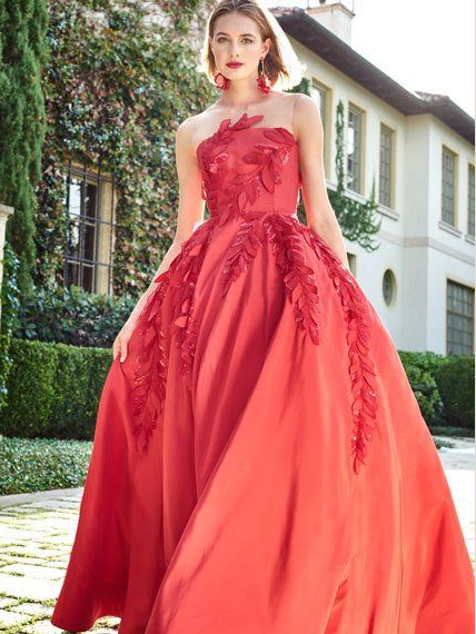 Red Color Appliques A-line Strapless Long Cheap Prom Dresses, QB0800