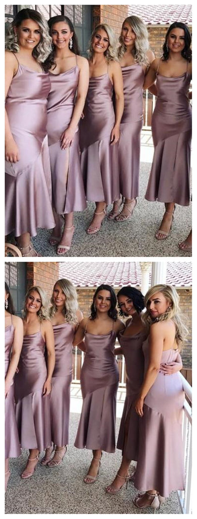 Spahgetti Straps Dusty Purple Tea Length Cheap Custom Bridesmaid Dresses Online, WG270