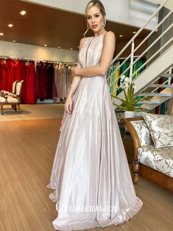 Graceful Sparkly Sequins Silver Belt Sleeveless A-line Evening Gowns Prom Dresses , QBP008