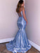 Two Pieces Sparkly Light Blue Spahgetti Straps Mermaid Evening Gowns Prom Dresses , QBP015