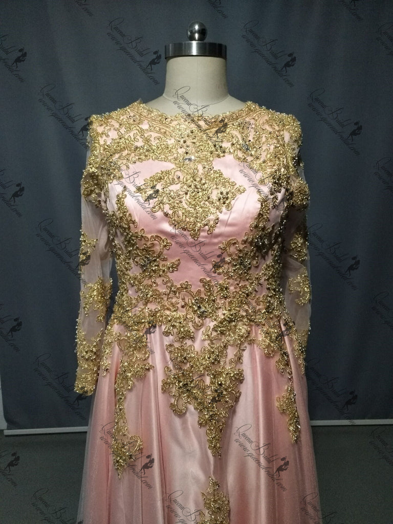 Long Sleeves Gold Lace Beaded Pink Skirt Long Evening Prom Dresses, QB0376