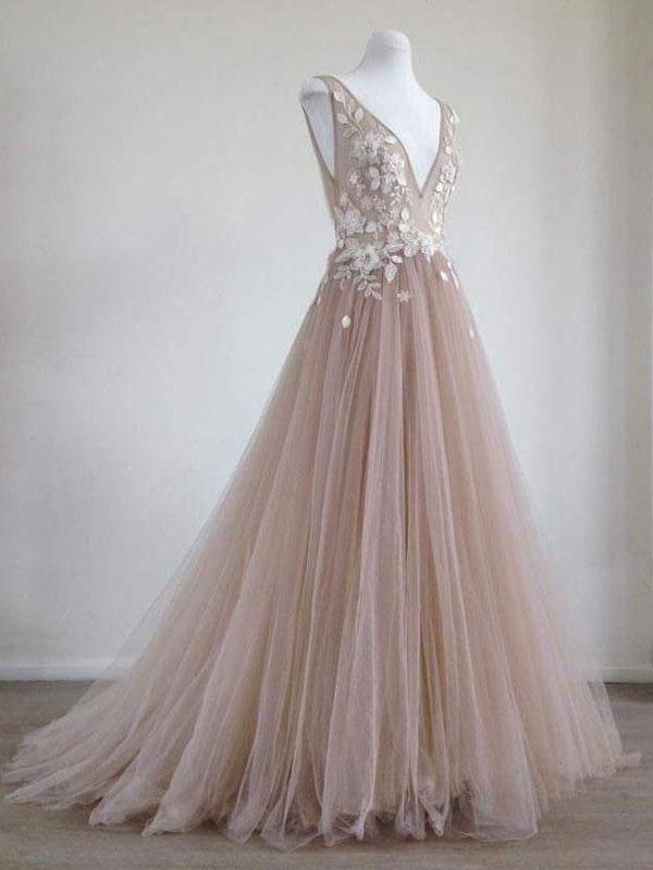 A Line Lace Appliqued V-Neck Prom Dresses Chic Nude Quinceanera Prom Dresses, QB0281
