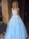 A-line Princess Sky Blue Lace Appliqued Tulle Long Strapless Prom Dresses, QB0340
