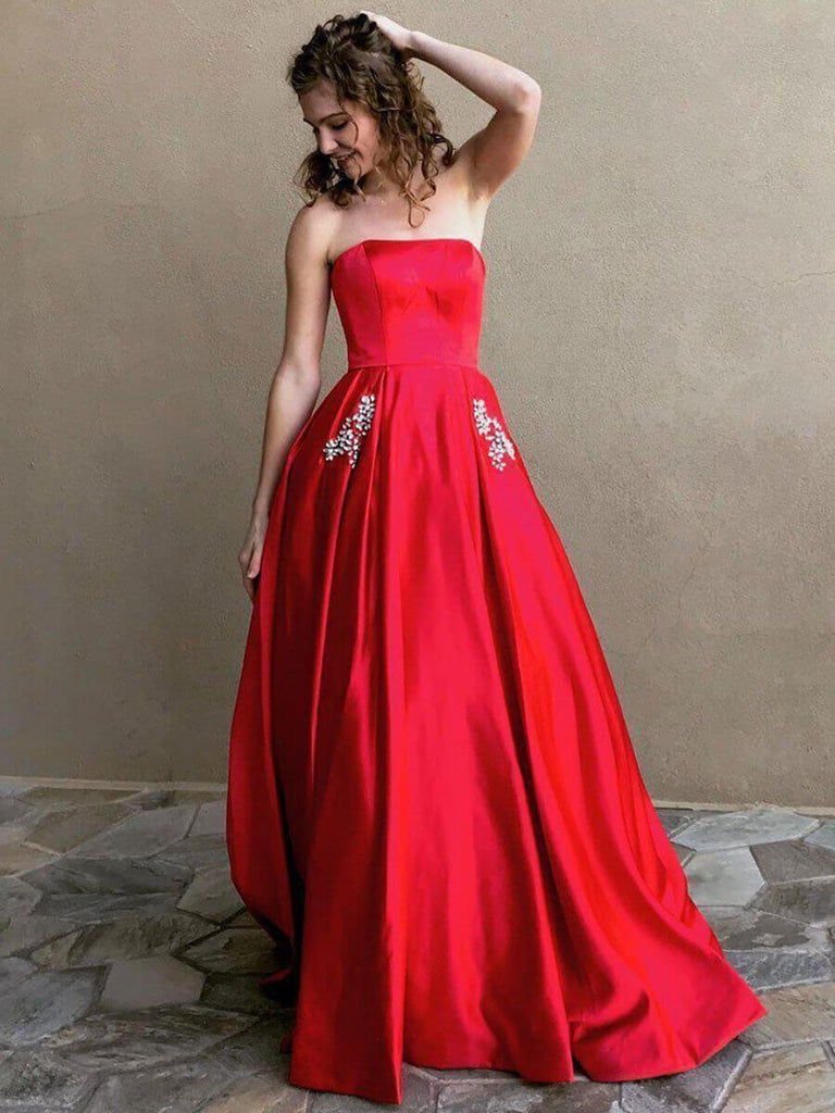A-line Strapless Simple Long Cheap Red Prom Dresses with Pocket, QB0296