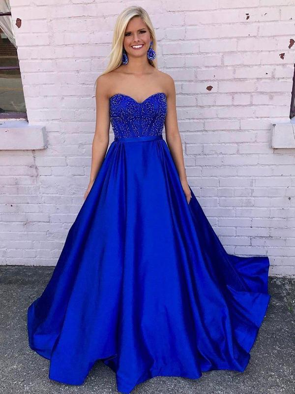 A-line Sweetheart Neck Royal Blue Satin Long Prom Dresses Online, QB0291
