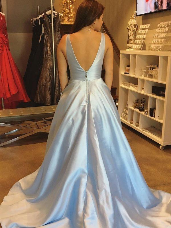 A-line V-neck Satin Long Cheap Sky Blue Prom Dresses with Pocket, QB0308