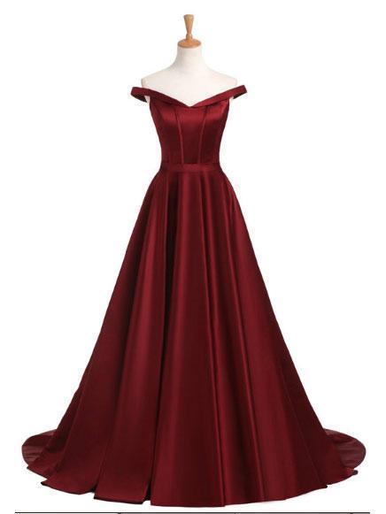 A-line/Princess Off the Shoulder Burgundy Long Prom Dresses, QB0306