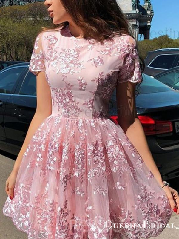 Elegant Short Sleeve Pink Lace Mini Party Gowns Homecoming Dresses, QB0839