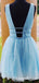 Cute A Line Deep V Neck Blue Short Homecoming Dresses With Beading, QB0894