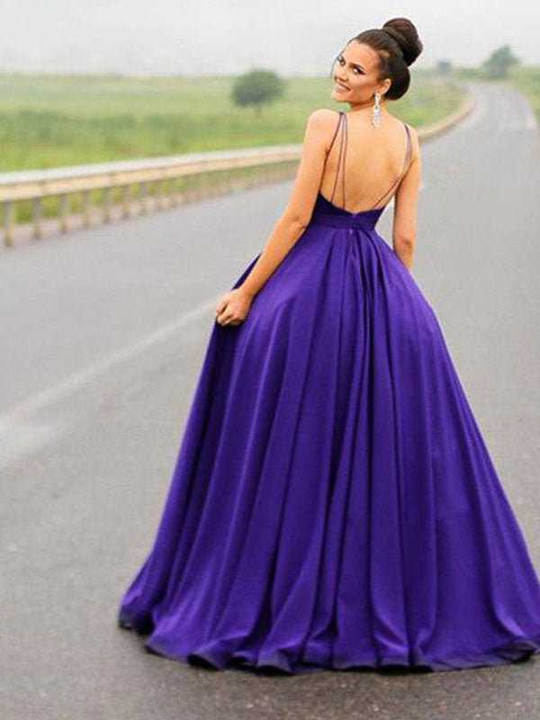 Elegant Purple round neck Long Backless Cheap Prom Dresses, QB0473