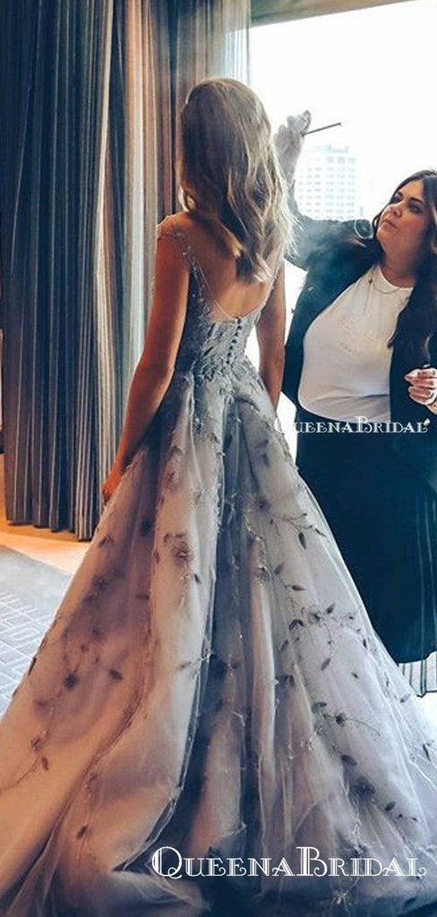New Arrival Illusion Neckline Cap Sleeveless Grey Lace Mermaid Long Cheap Prom Dresses, PDS0071