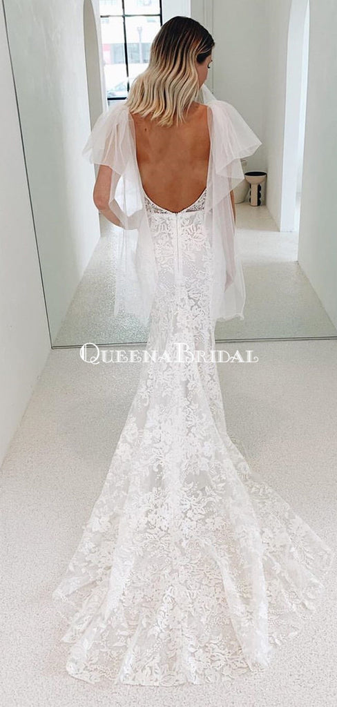 Sexy V-neck Lace Backless Mermaid Long Cheap Wedding Dresses, WDS0058